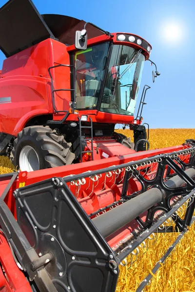 Combine la cosechadora en un campo de trigo con un cielo azul —  Fotos de Stock