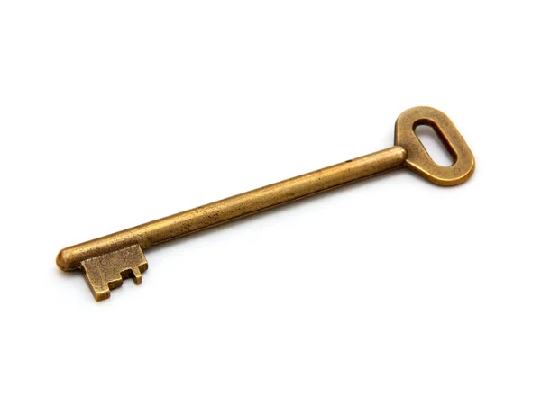 Old golden key on white background — Stock Photo, Image