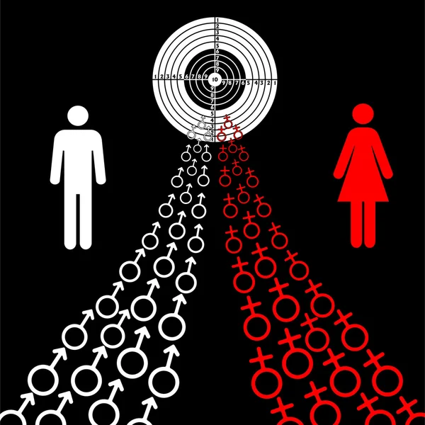 Illustration af mandlige og kvindelige køn symboler tendens mod målet - Stock-foto