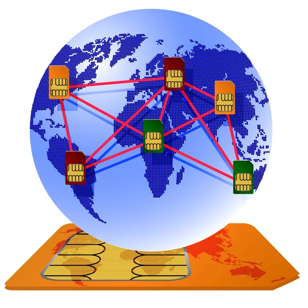 Globe sim-kártya csatlakoztatása a kontinensek. — Stock Fotó
