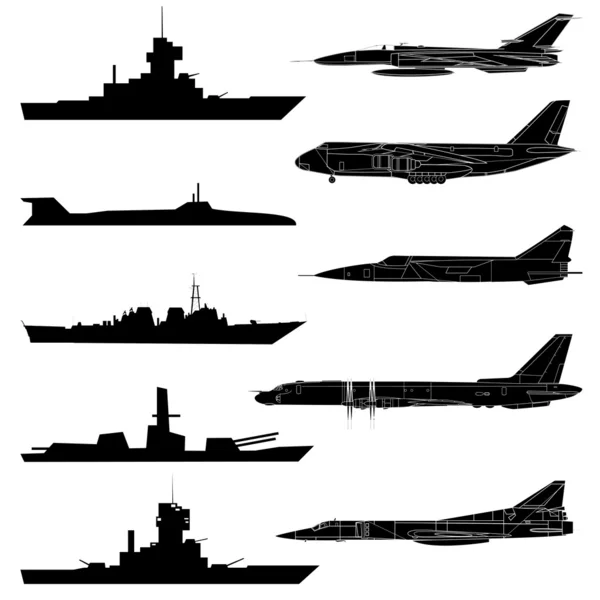 Een set van militaire vliegtuigen, schepen en onderzeeboten. — Stockfoto