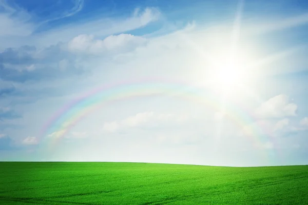 Summer landscape with rainbow — Stock Photo, Image