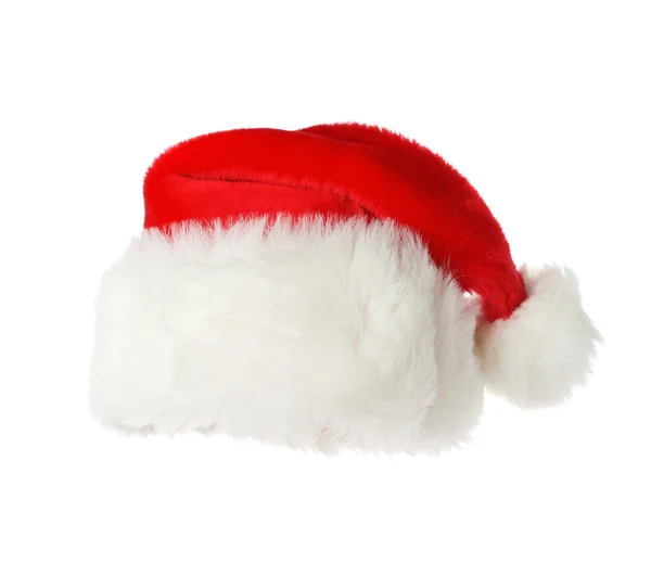 Vista frontale di un cappello di Babbo Natale isolato su bianco — Foto Stock