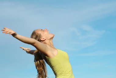 Young happy woman singing song or shouting praise clipart