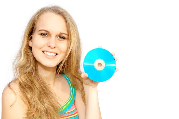 Νεαρή γυναίκα ή έφηβος, κρατώντας το κενό cd ή dvd δίσκο — Φωτογραφία Αρχείου