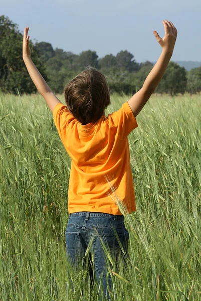 Happy summer child arms raised to the sky and sun — Stock Photo, Image