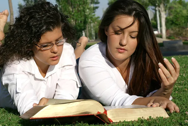Jóvenes o adolescentes leyendo libro o biblia al aire libre —  Fotos de Stock