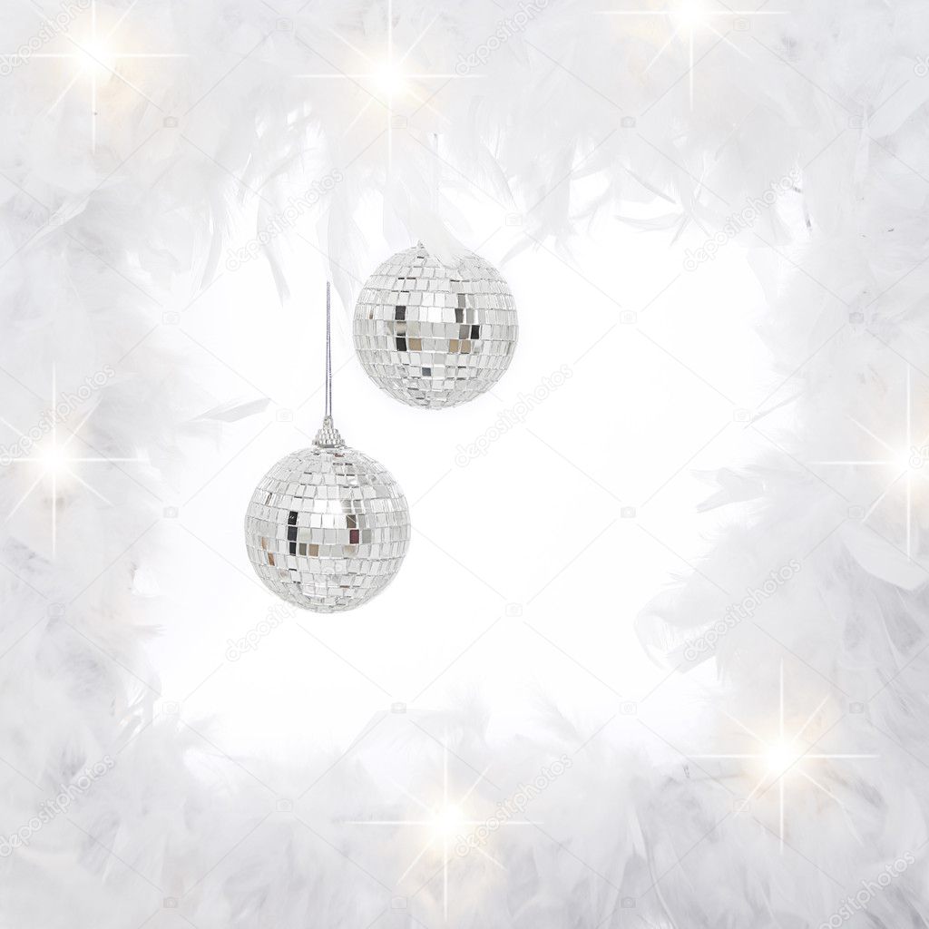 Christmas decorations or frame with white feathers and silver balls