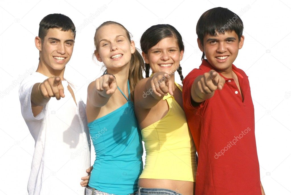 Group of diverse kids or teens pointing