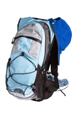 ekipman, sırt çantası, bot ve üzerinde beyaz izole kap hiking
