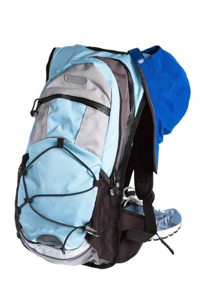 Туристичне обладнання, рюкзак, черевики та кепка ізольовані на білому — стокове фото