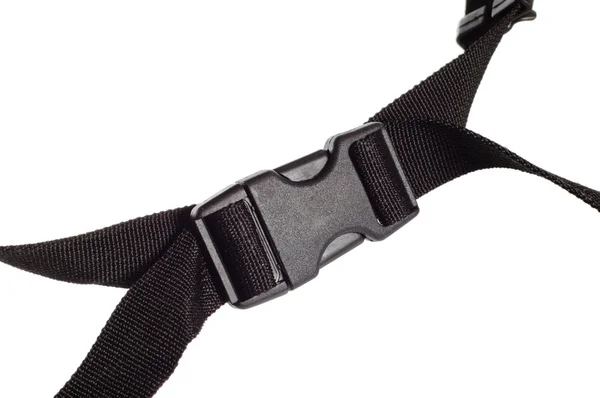 Black plastic buckle on strap isolated on white — Stock Photo, Image