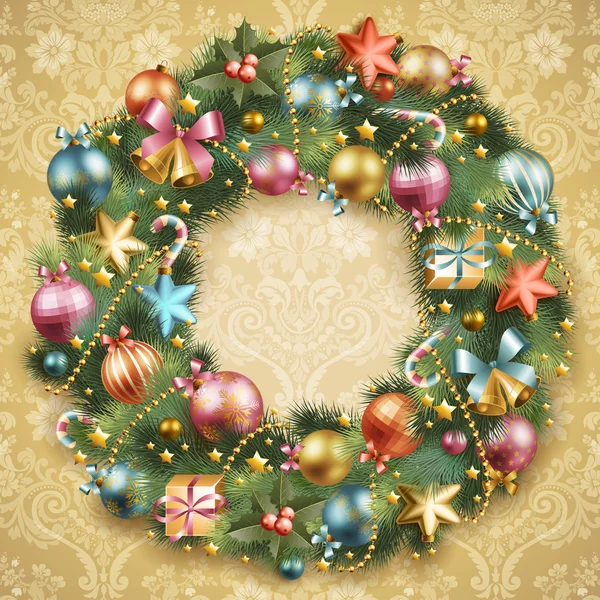 Christmas wreath with baubles — Stock Vector