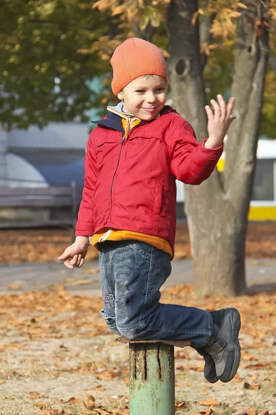 Chłopiec spaceru w parku jesień — Zdjęcie stockowe