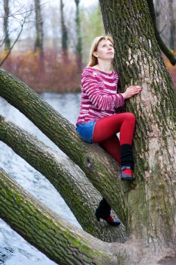 Blond woman in the red stockings sitting on the tree