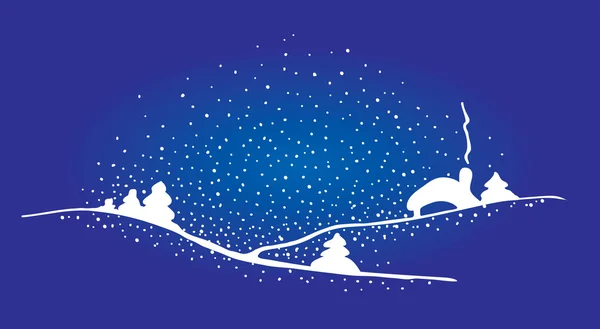 Kerst huis en boom in sneeuw — Stockvector