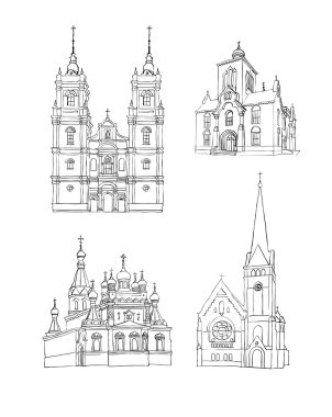 A set of sketches of churches clipart