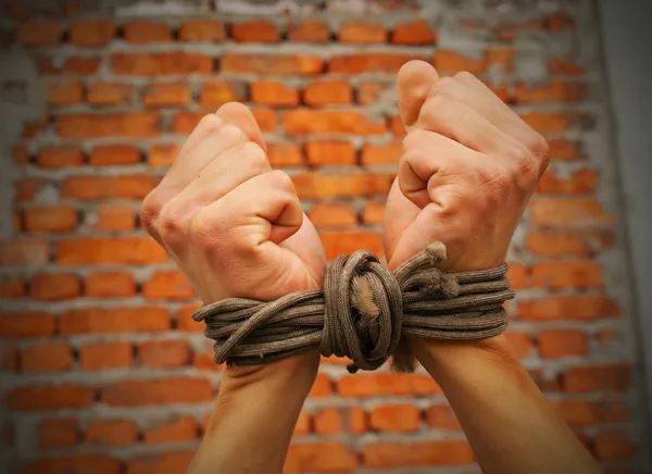 Mãos atadas com corda contra parede de tijolo — Fotografia de Stock