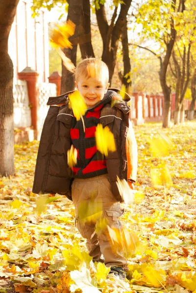 Menino brincando com folhas no outono — Fotografia de Stock