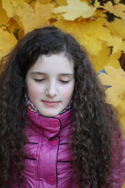 Portrait de belle jeune fille sur fond de feuilles jaunes — Photo