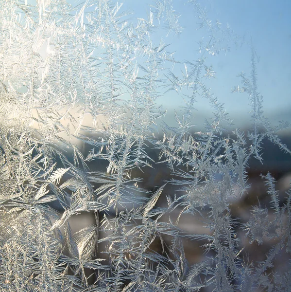 Witte kristallen ijs op het winterraam — Stockfoto