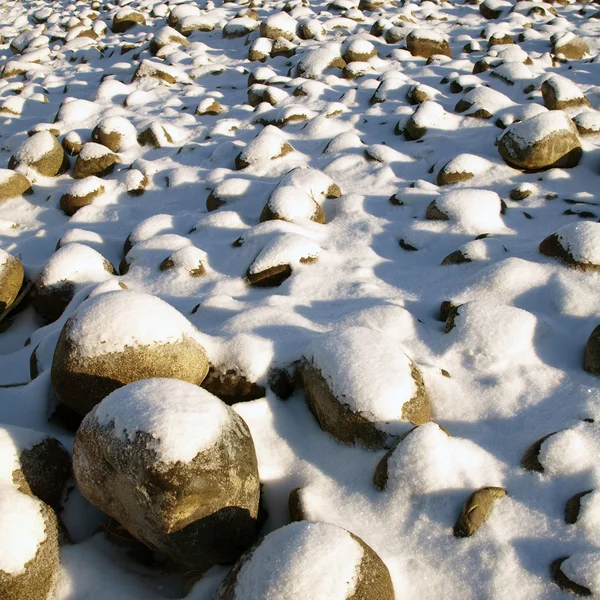 River stones in the snow