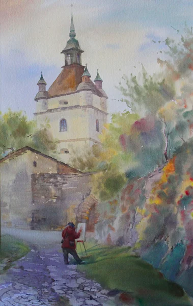 Pintura en acuarela de la antigua torre — Foto de Stock