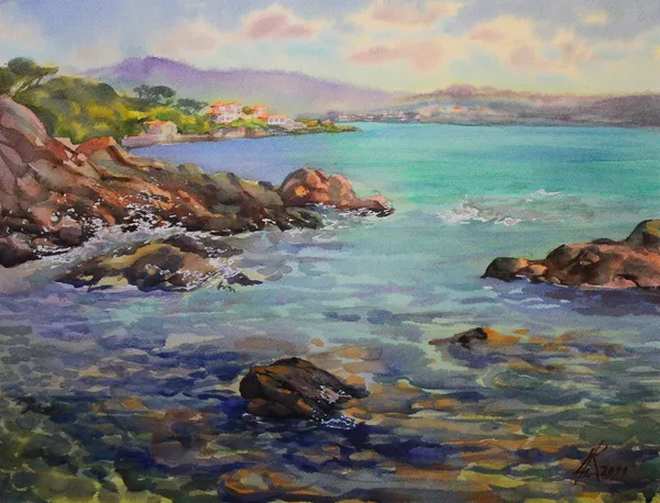 Akvarel Azurové pobřeží, Francie — Stock fotografie
