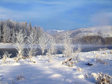 Winter landscape with snow trees and river in mountains