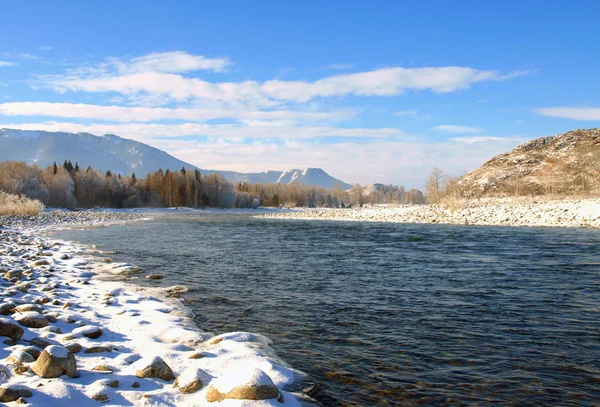 Zimowy pejzaż z rzeką katun Ałtaj — Zdjęcie stockowe