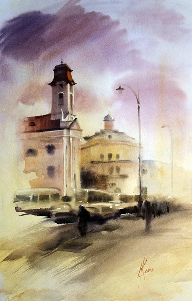 Watercolor painting of the cityscape — Stock Photo, Image