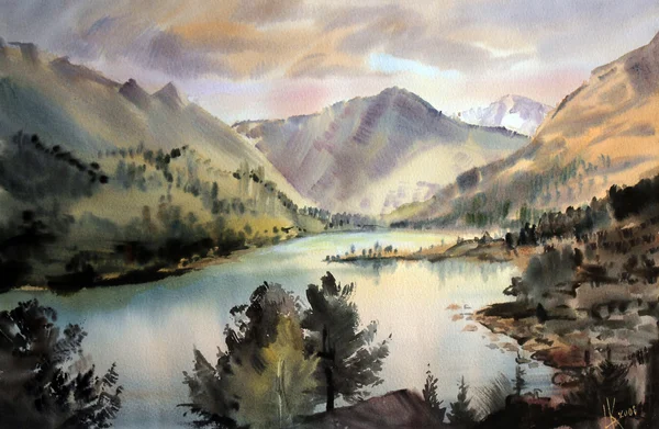 Sulu boya ile boyanmış dağ manzarası — Stok fotoğraf