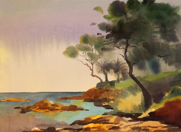 Θαλάσσιο τοπίο ζωγραφισμένο από ακουαρέλα — Φωτογραφία Αρχείου