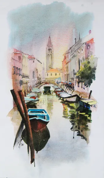 Utsikt över kanalen med båtar och byggnader i Venedig — Stockfoto