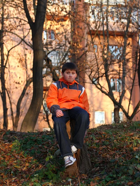 Chłopiec siedzi na pniu — Zdjęcie stockowe