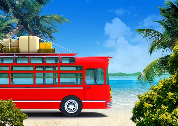 Aventura de autobús rojo en la playa —  Fotos de Stock