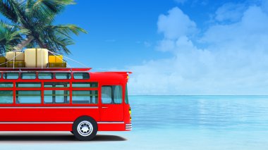 Red bus adventure on beach clipart