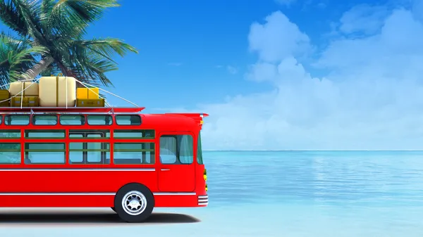 Aventura de ônibus vermelho na praia — Fotografia de Stock