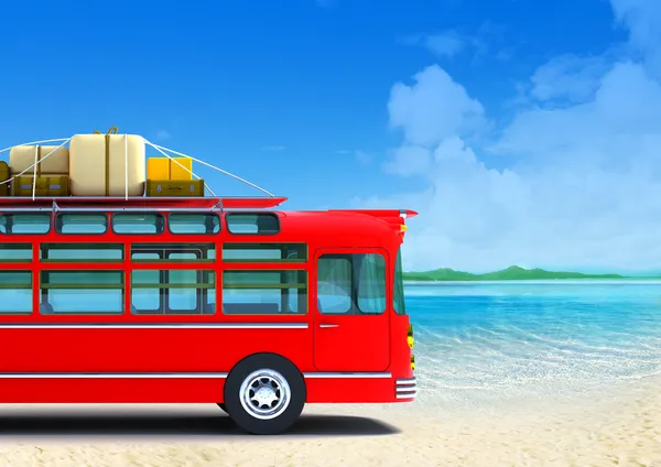 Aventura de ônibus vermelho na praia — Fotografia de Stock