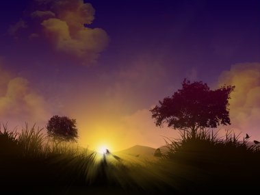 Magical sunset with silhouettes clipart