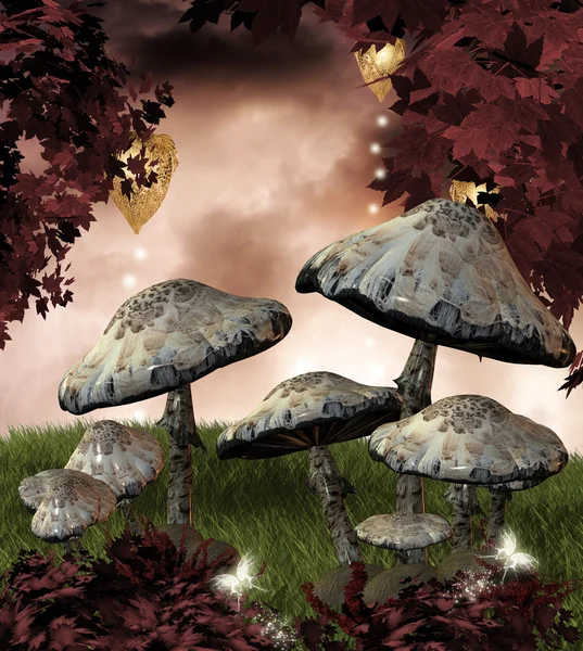 Červený podzim s houbami — Stock fotografie