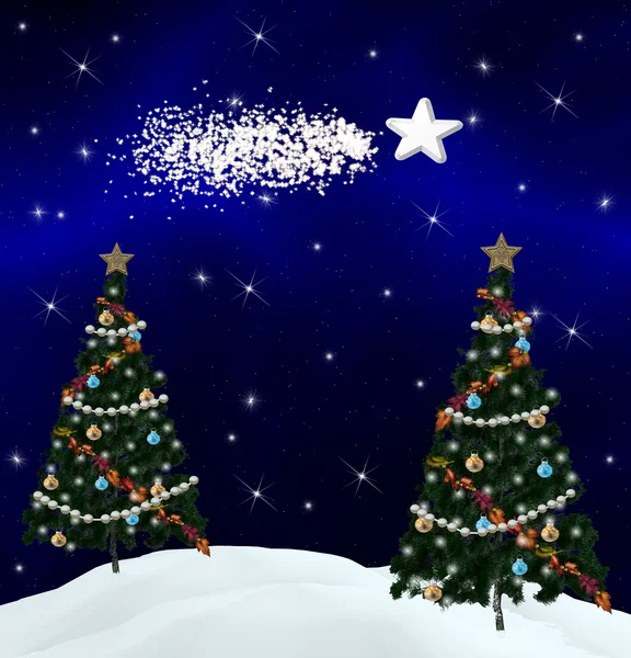 Weihnachtsbäume und Komet — Stockfoto