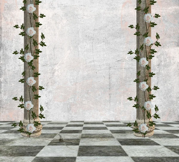 Пустой зал с колоннами и розами — стоковое фото