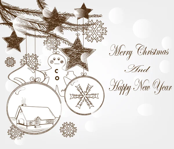 Tarjeta postal de Navidad dibujada a mano con elementos navideños — Archivo Imágenes Vectoriales