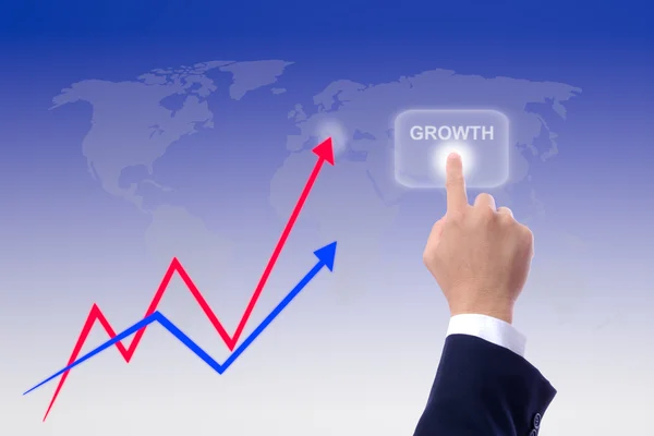 Hand pushing growth button and graph — Stock Photo, Image