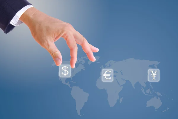 Business man hand bring up dollar sign button — Stock Photo, Image