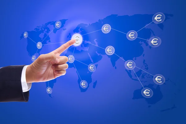Business man hand pushing button of euro sign network — Stock Photo, Image