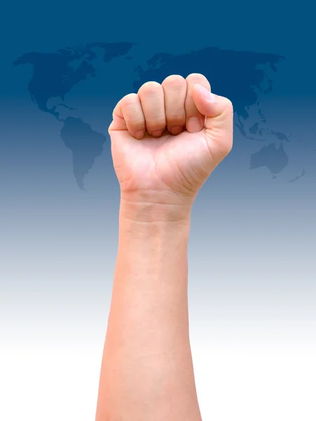 Fist hand on world map background — Stock Photo, Image
