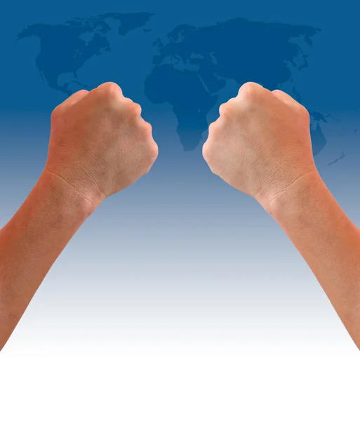 Fist hand on world map background — Stock Photo, Image