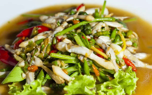 Horké a kořeněné červ shell vařené v thajské potravin stylu — Stock fotografie